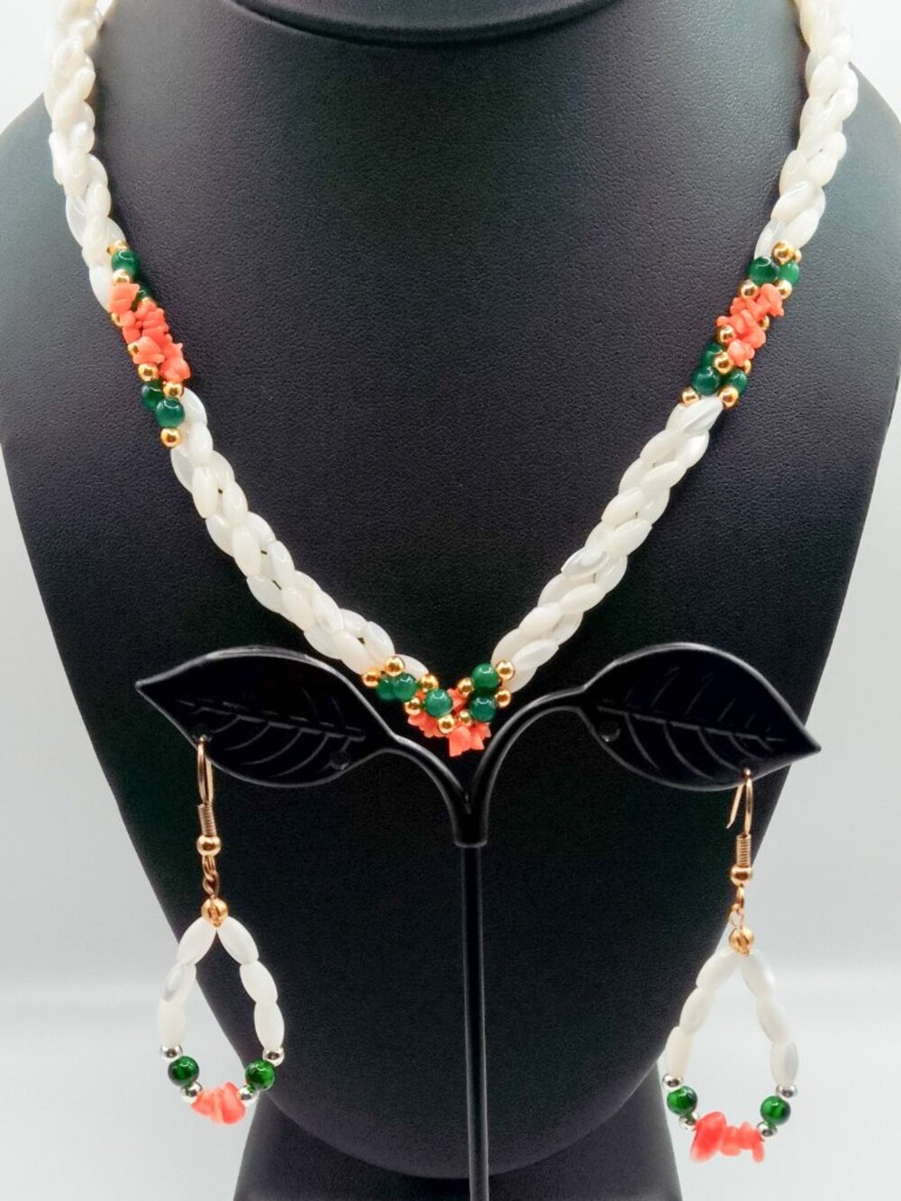 Vintage Mother of Pearl Torsade Necklace Earring Set Braided 3 Stand Coral Jade
